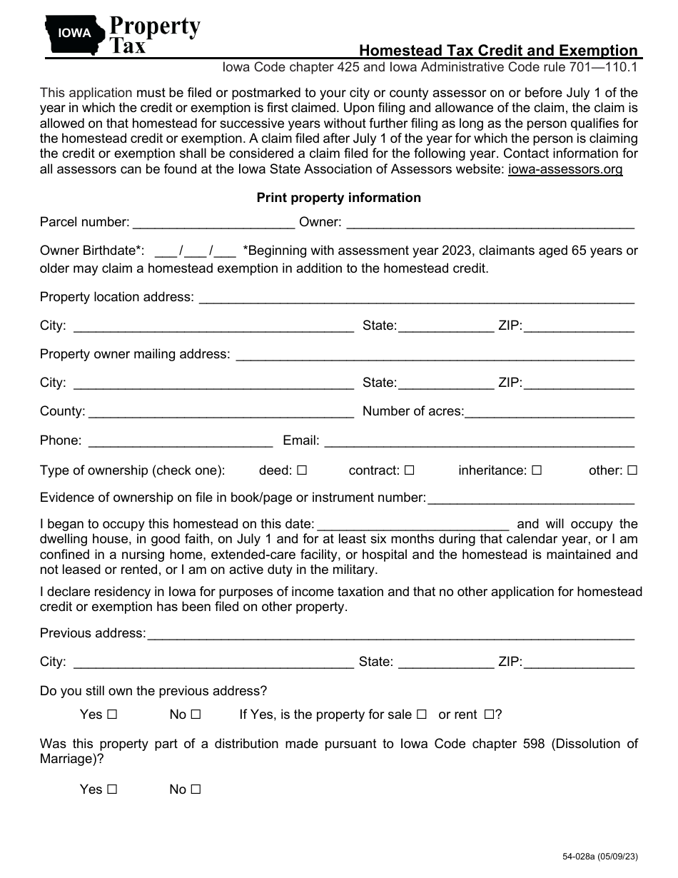 Form 54 028 Download Fillable PDF Or Fill Online Homestead Tax Credit   Form 54 028 Homestead Tax Credit And Exemption Iowa Print Big 