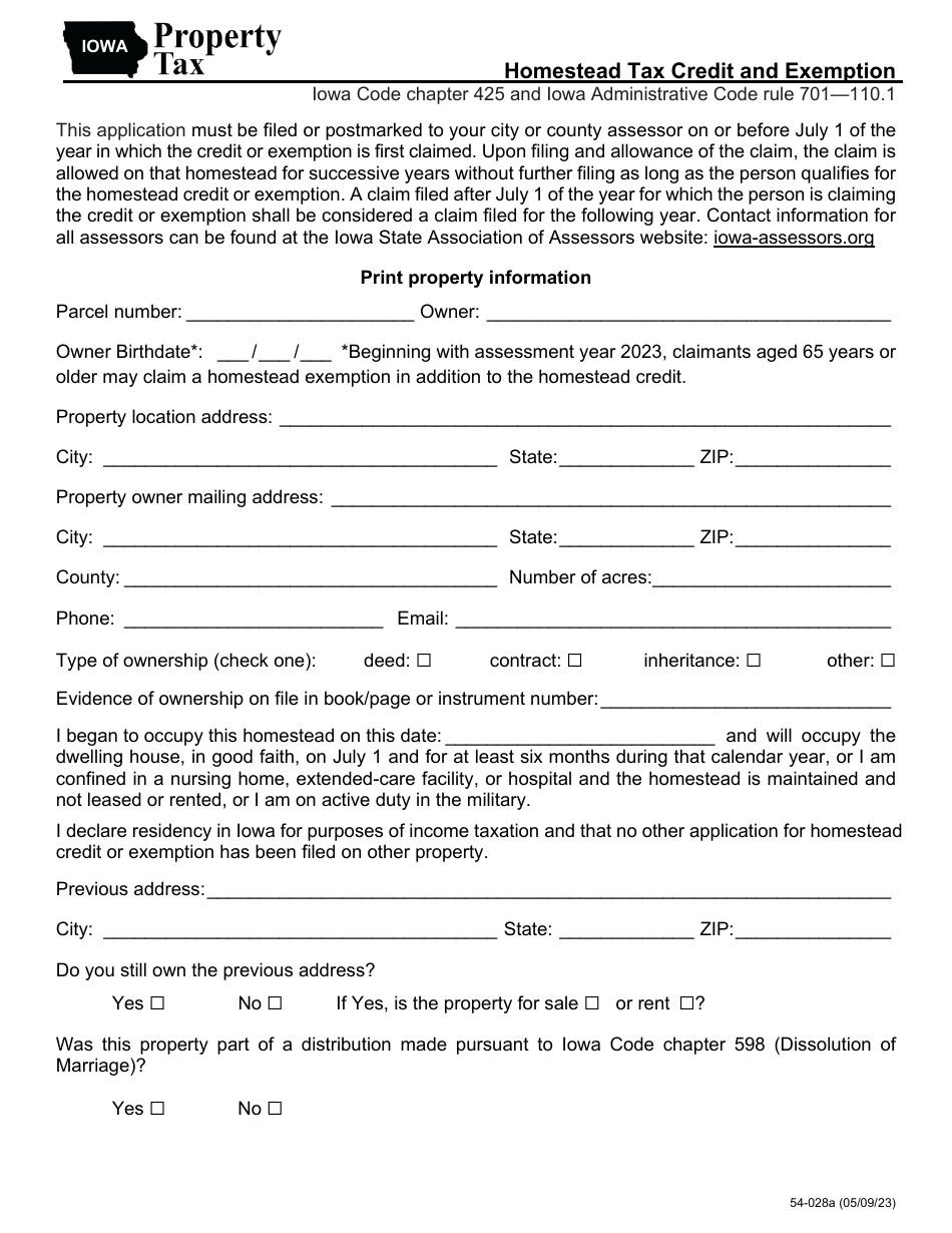 Form 54-028 Homestead Tax Credit and Exemption - Iowa, Page 1