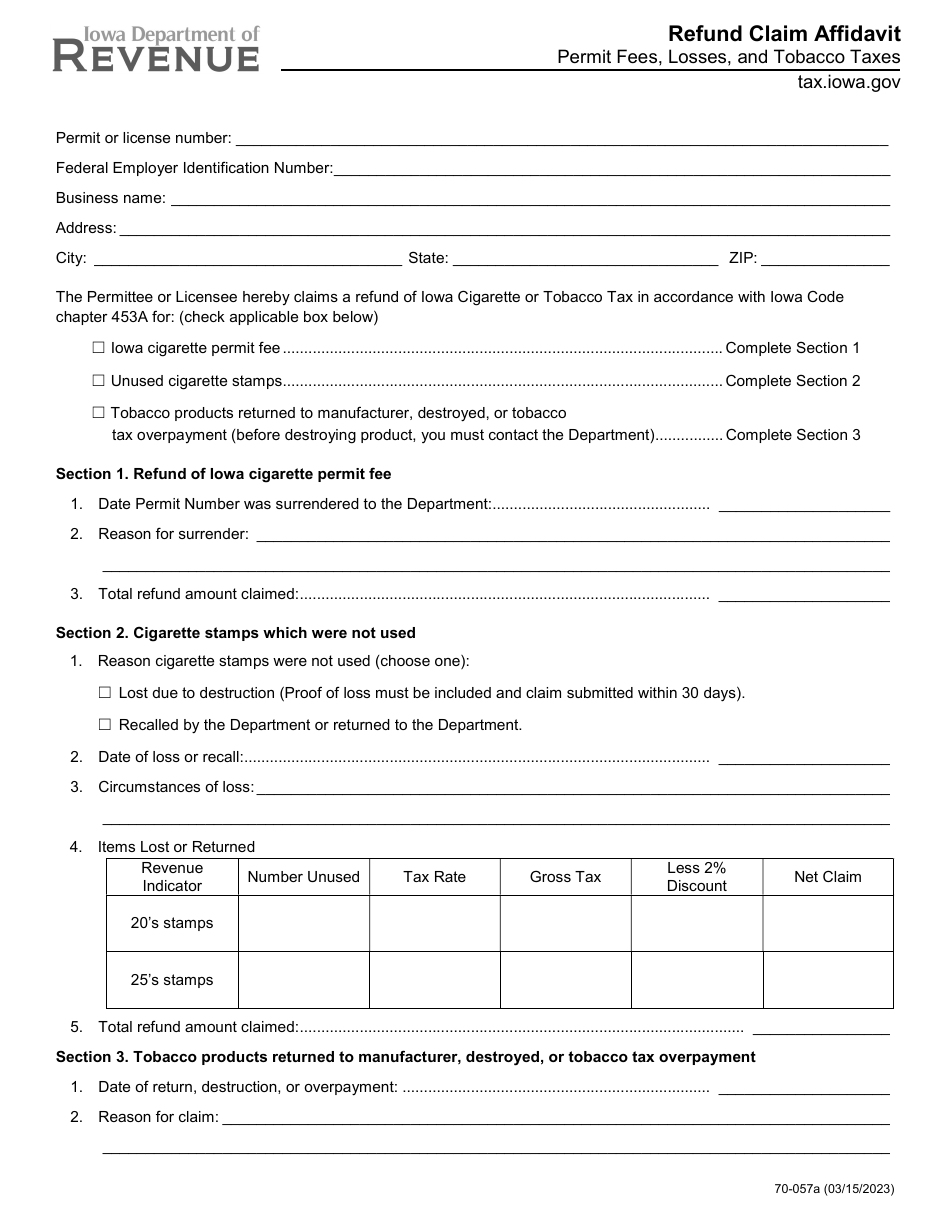 Form 70-057 Download Printable PDF or Fill Online Refund Claim ...