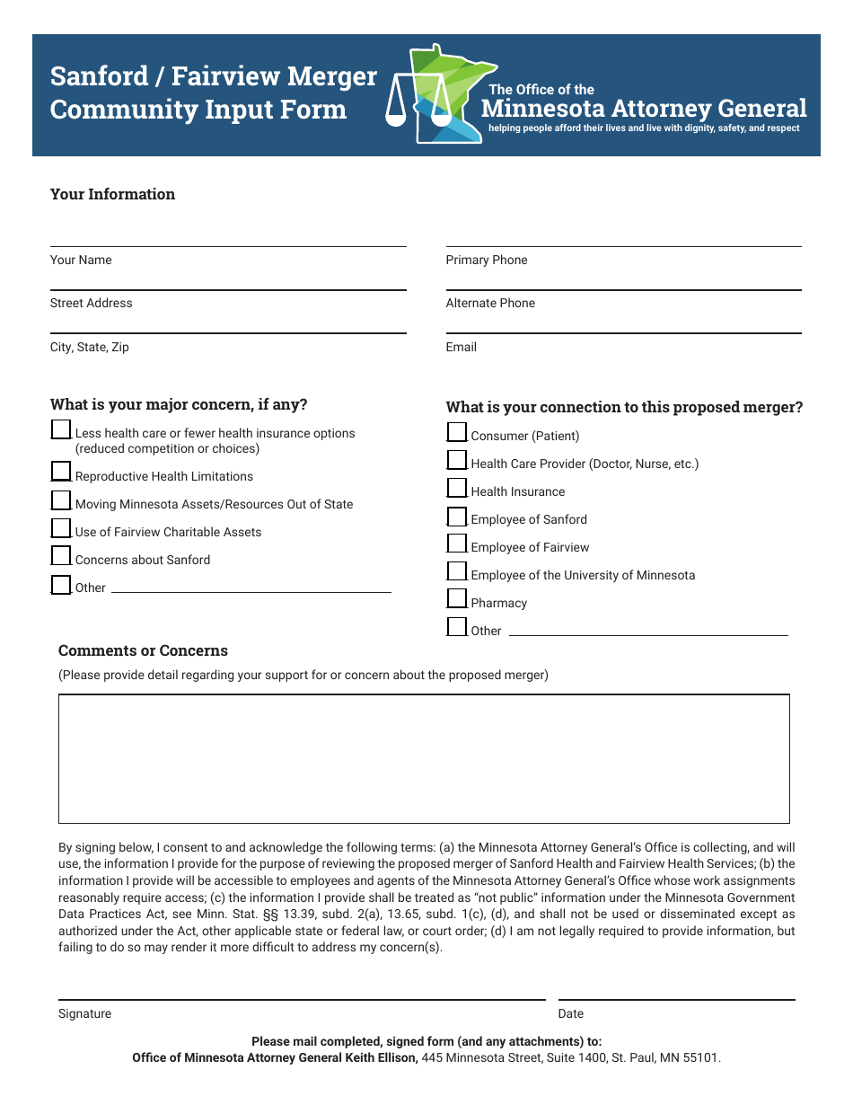 Sanford / Fairview Merger Community Input Form - Minnesota, Page 1