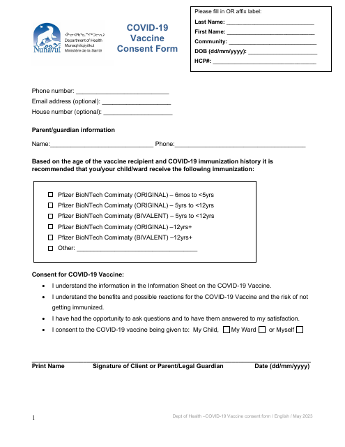 Covid-19 Vaccine Consent Form - Nunavut, Canada Download Pdf