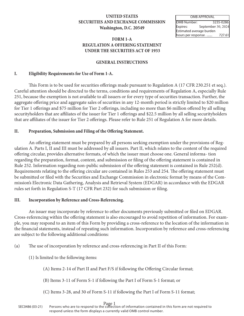 Form 1-A (SEC0486) Regulation a Offering Statement Under the Securities Act of 1933, Page 1