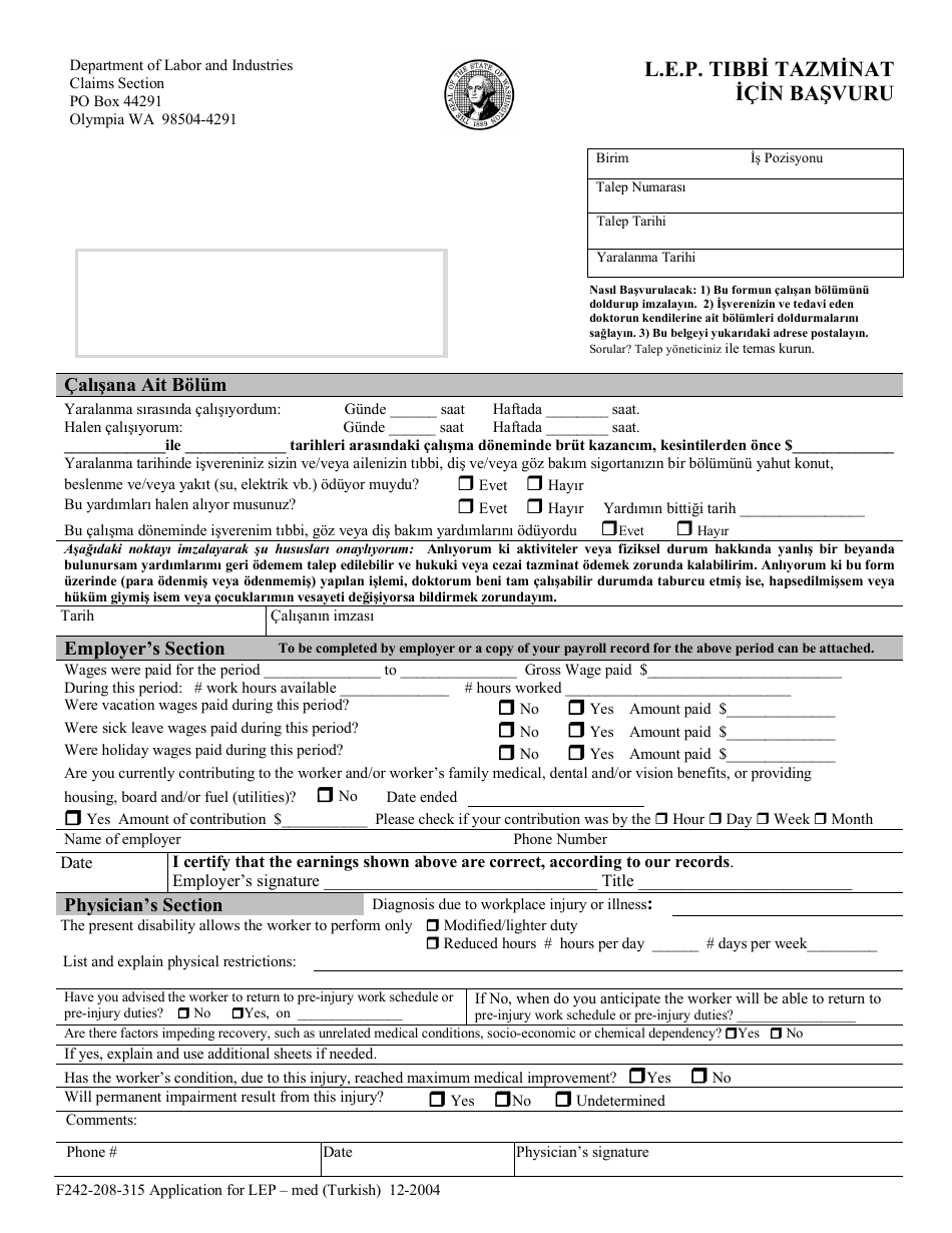 Form F242-208-315 Application for Lep - Med - Washington (English / Turkish), Page 1