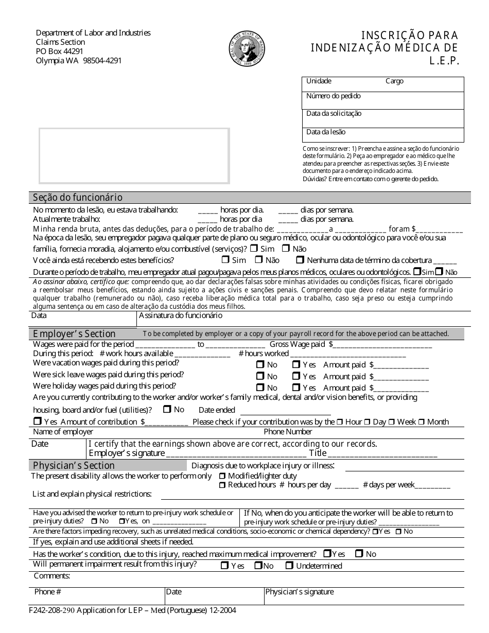 Form F242-208-290 Application for Lep - Med - Washington (English / Portuguese), Page 1