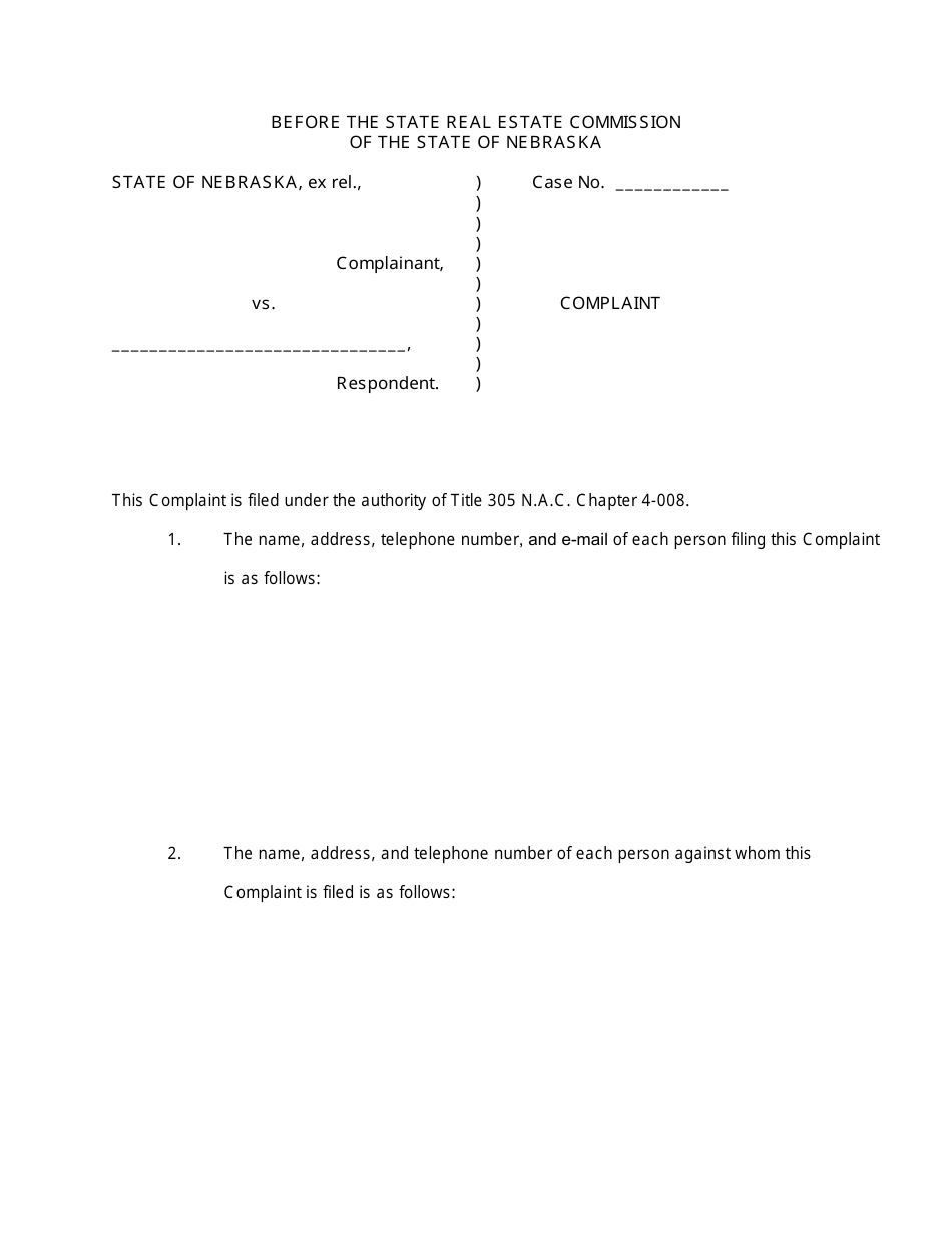 Nebraska Complaint Form Fill Out, Sign Online and Download PDF