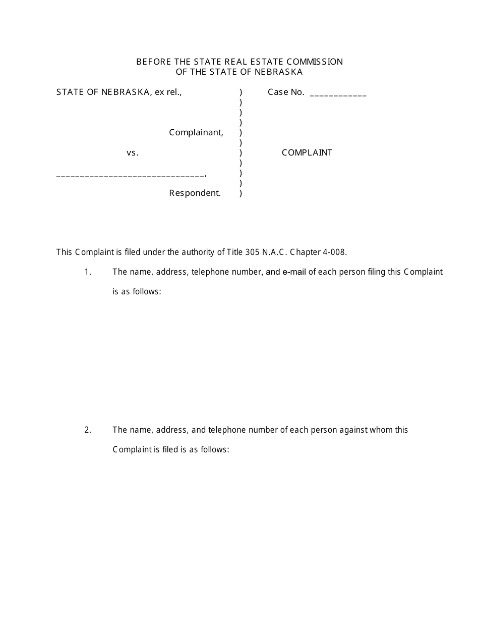 Complaint Form - Nebraska, Page 1