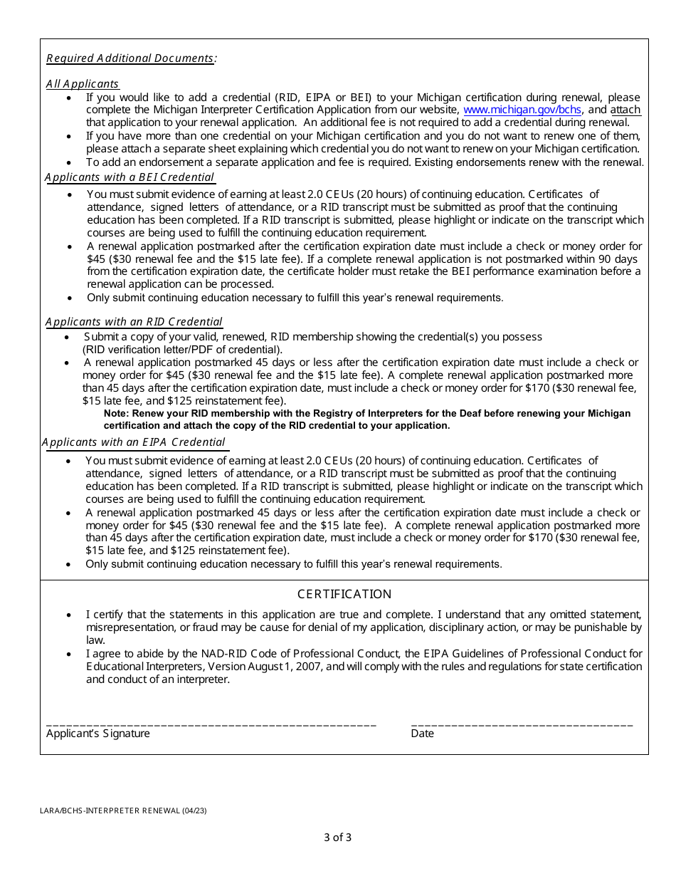Renewal Application for a Michigan Interpreter Certification - Michigan, Page 3