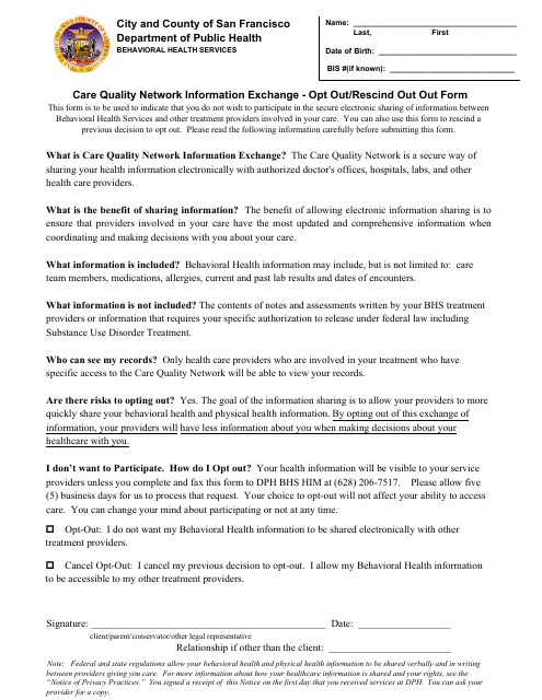 Care Quality Network Information Exchange - Opt out/Rescind out Out Form - City and County of San Francisco, California