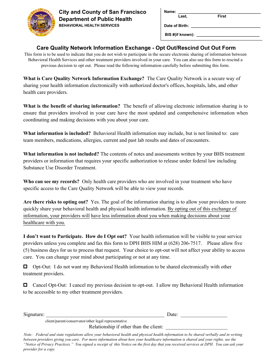 Care Quality Network Information Exchange - Opt out / Rescind out Out Form - City and County of San Francisco, California, Page 1