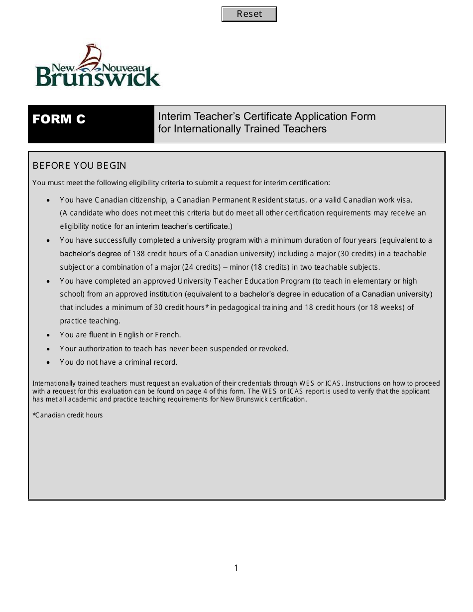 Form C Interim Teachers Certificate Application Form for Internationally Trained Teachers - New Brunswick, Canada, Page 1