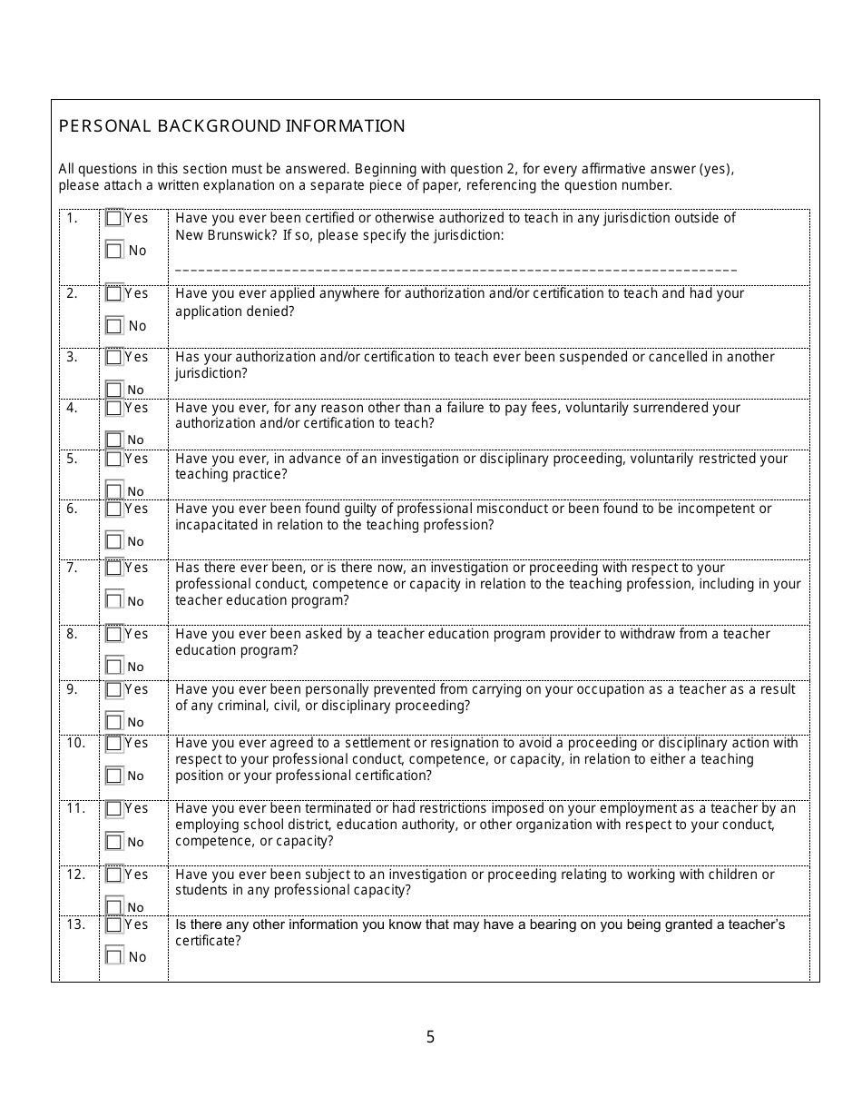 Form C Interim Teachers Certificate Application Form for Internationally Trained Teachers - New Brunswick, Canada, Page 5