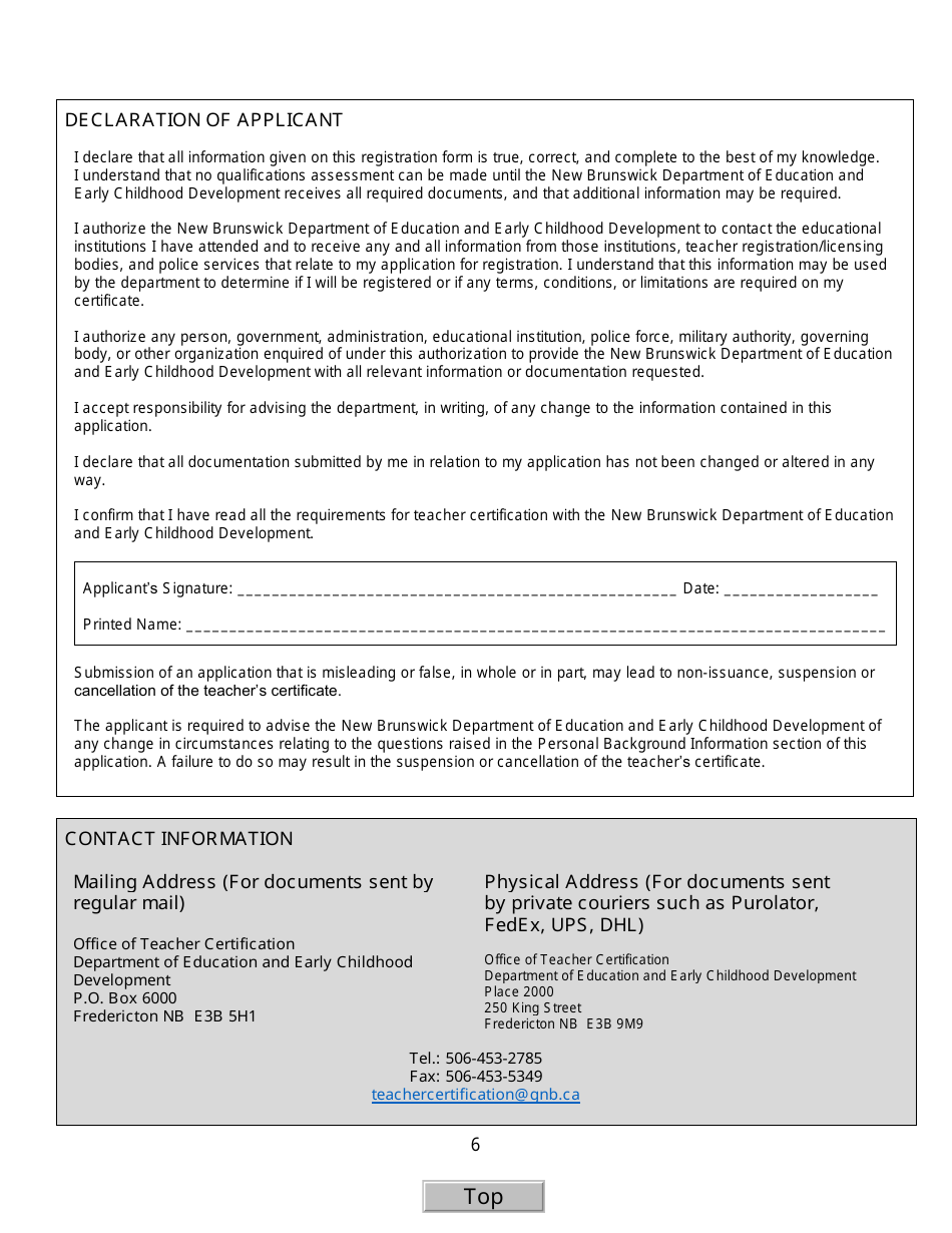 Form C Interim Teachers Certificate Application Form for Internationally Trained Teachers - New Brunswick, Canada, Page 6
