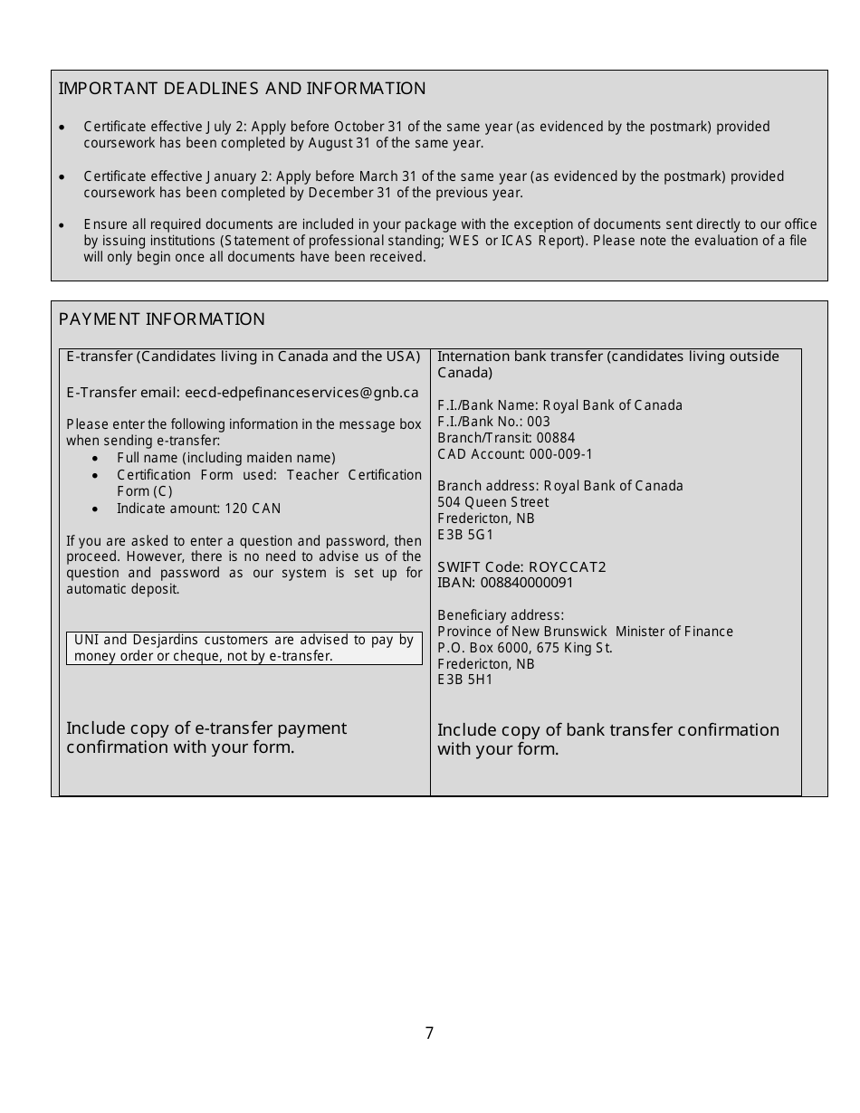 Form C Interim Teachers Certificate Application Form for Internationally Trained Teachers - New Brunswick, Canada, Page 7