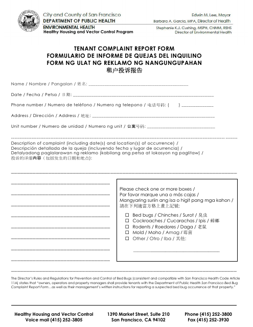Tenant Complaint Report Form - City and County of San Francisco, California (English/Spanish/Chinese/Filipino)
