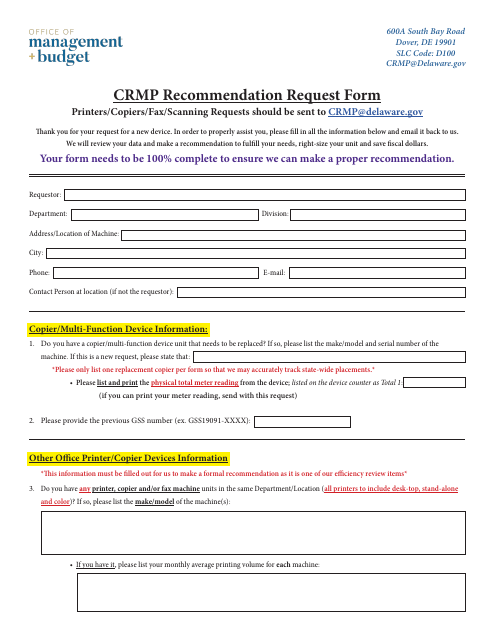 Crmp Recommendation Request Form - Delaware Download Pdf