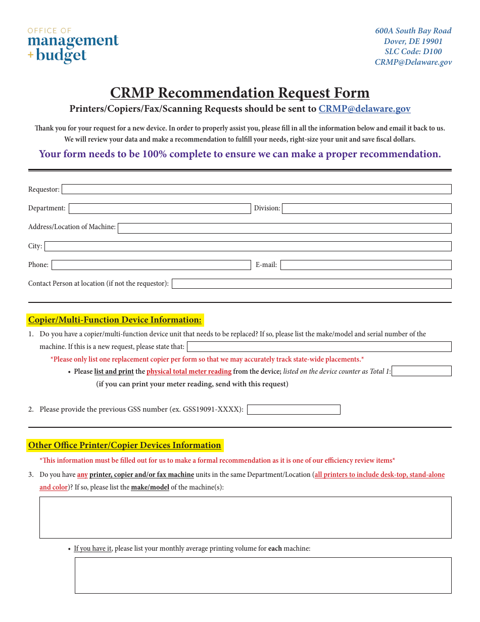 Crmp Recommendation Request Form - Delaware, Page 1
