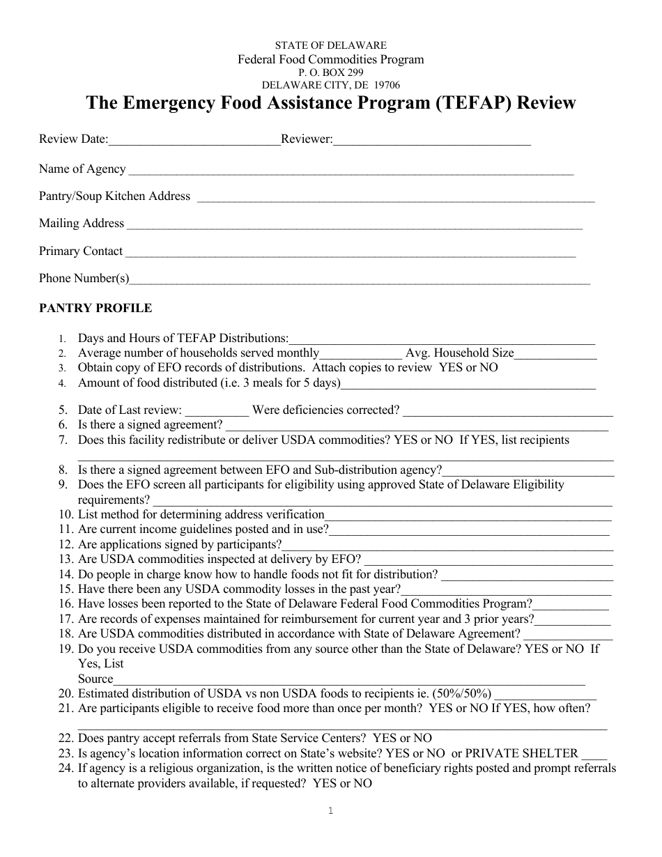 The Emergency Food Assistance Program (Tefap) Review - Delaware, Page 1