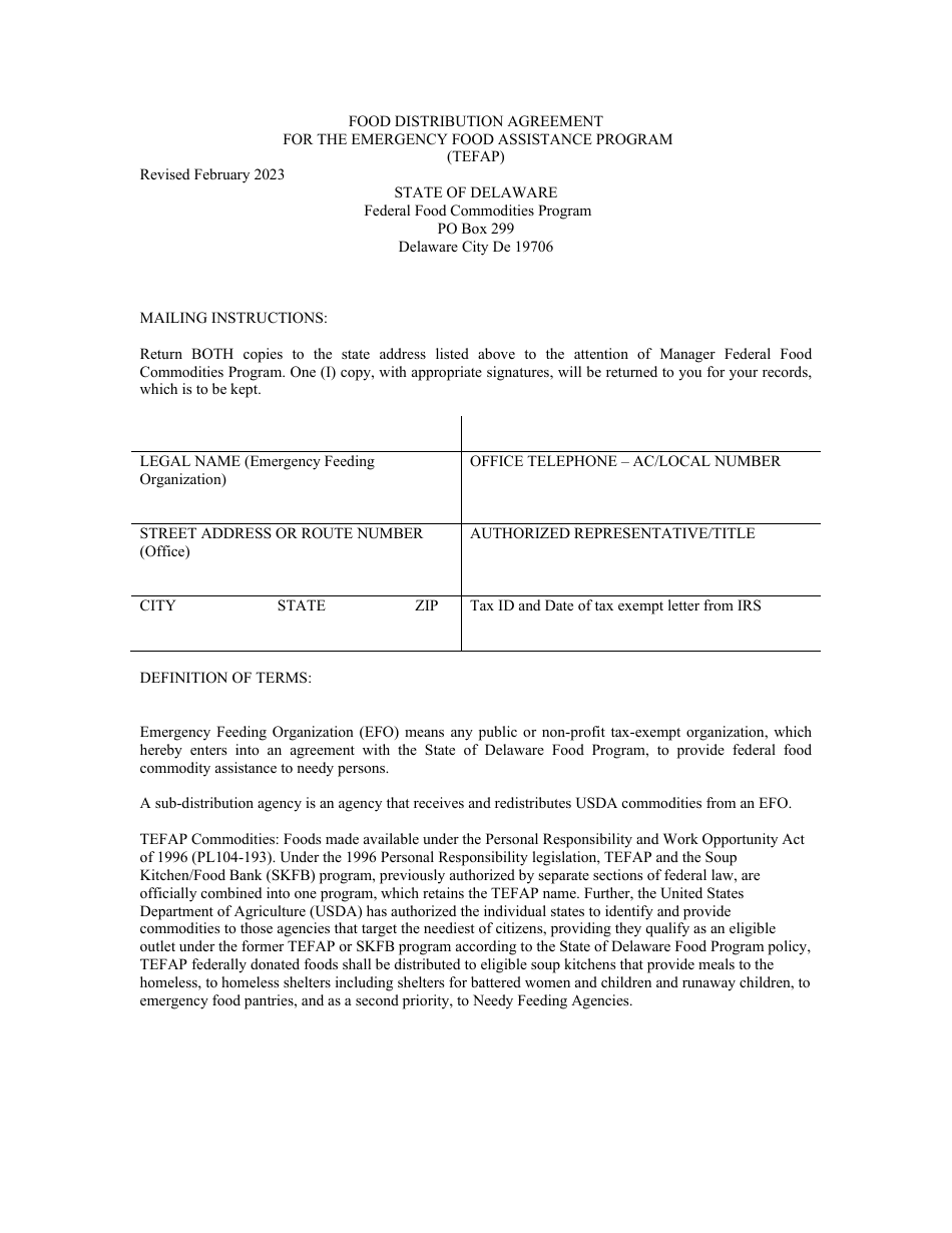 Food Distribution Agreement for the Emergency Food Assistance Program (Tefap) - Delaware, Page 1