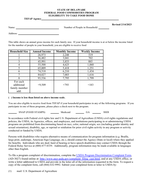 Federal Food Commodities Program Eligibility to Take Food Home - Delaware Download Pdf
