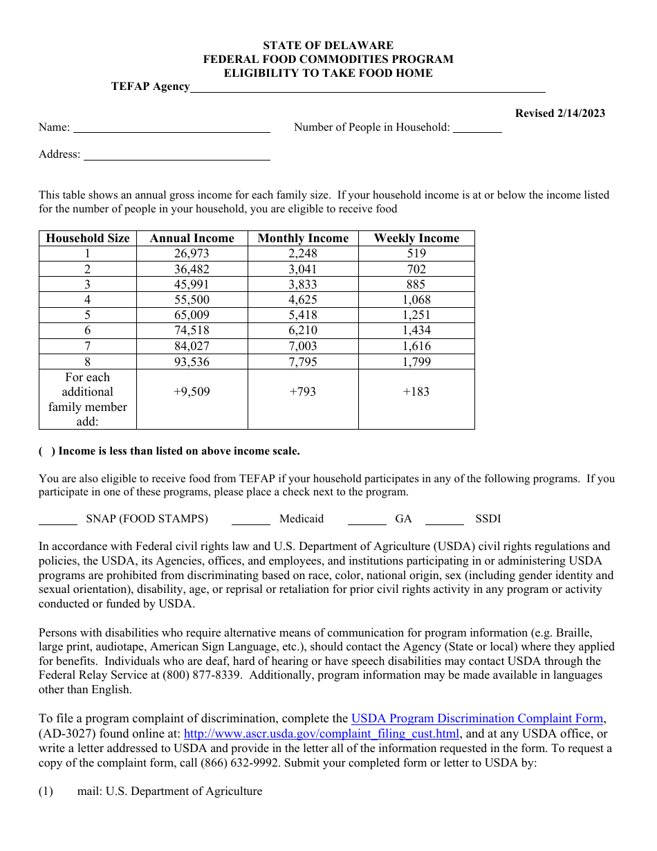 Federal Food Commodities Program Eligibility to Take Food Home - Delaware, Page 1