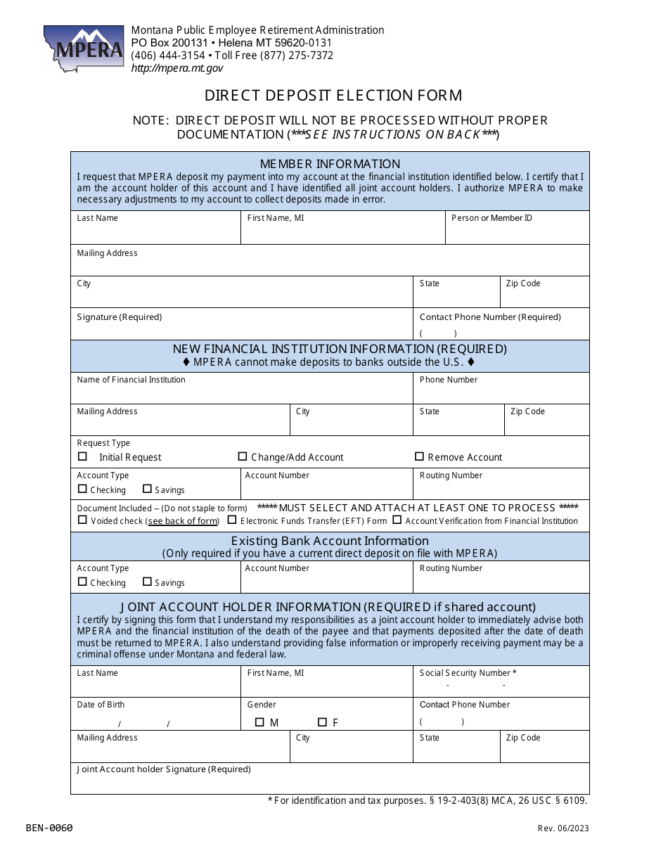 Form BEN-0060 Direct Deposit Election Form - Montana, Page 1