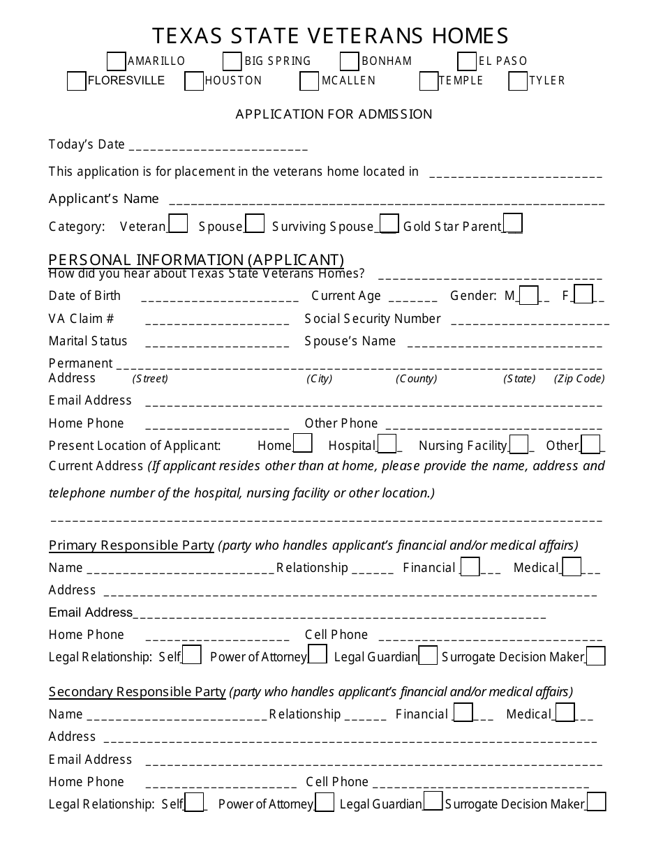 Veterans Homes Application for Admission - Texas, Page 3