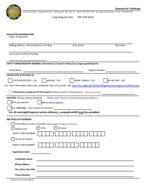 Request for Certificate - Oregon Download Pdf