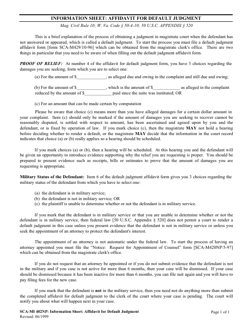 Form SCA-MI402NP Information Sheet: Affidavit for Default Judgment - West Virginia