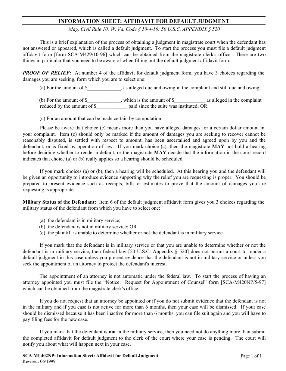 Form SCA-MI402NP Information Sheet: Affidavit for Default Judgment - West Virginia, Page 1