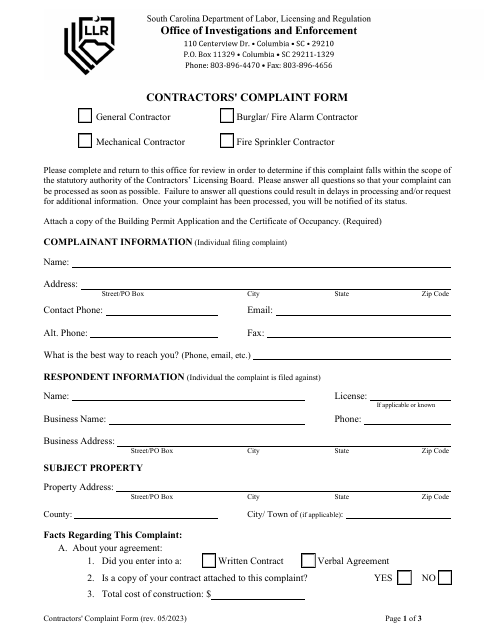 Contractors' Complaint Form - South Carolina Download Pdf