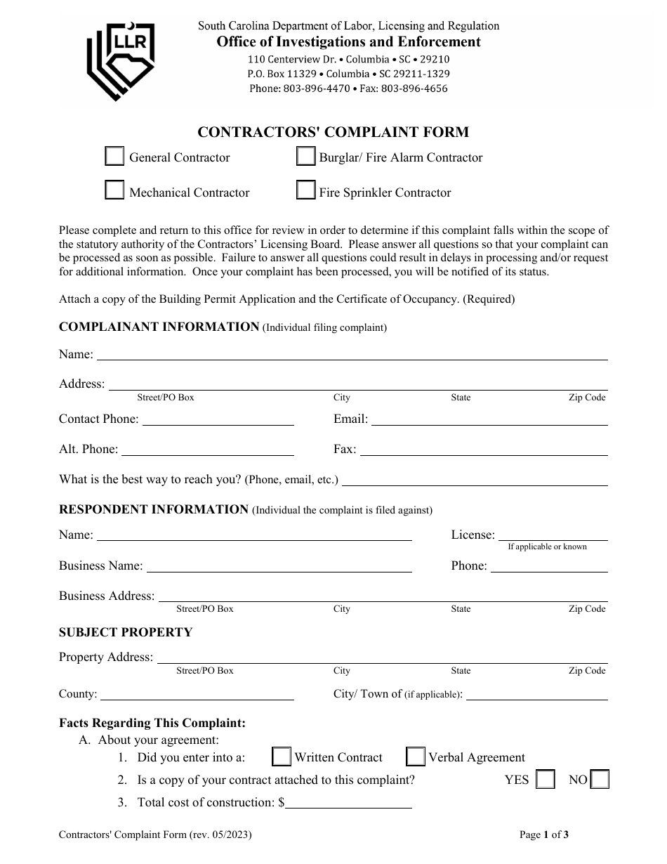 Contractors Complaint Form - South Carolina, Page 1