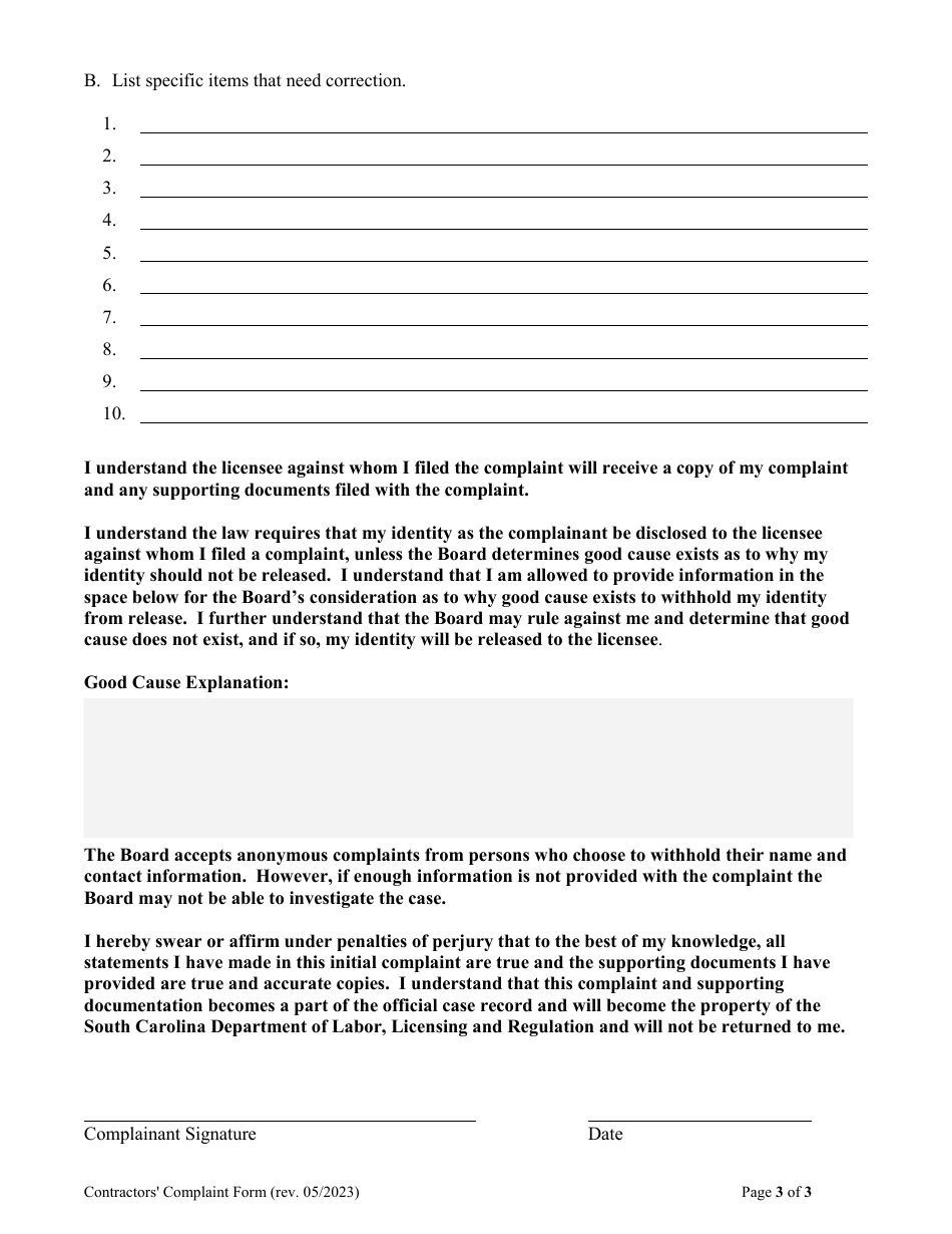 Contractors Complaint Form - South Carolina, Page 3