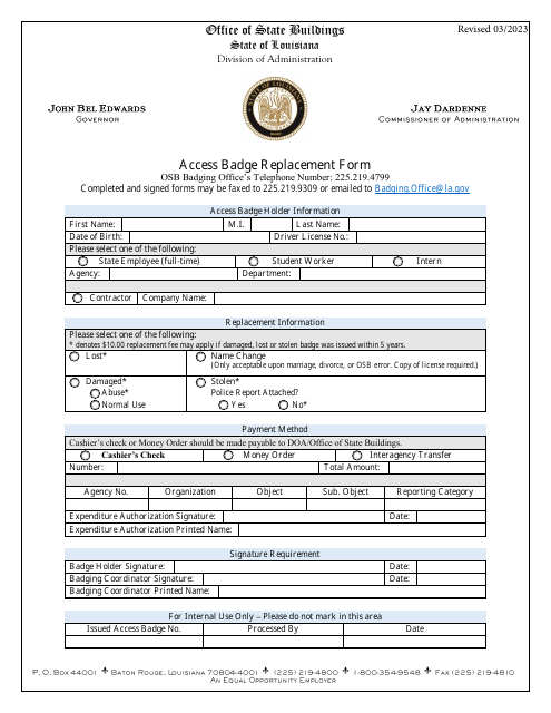 Access Badge Replacement Form - Louisiana Download Pdf