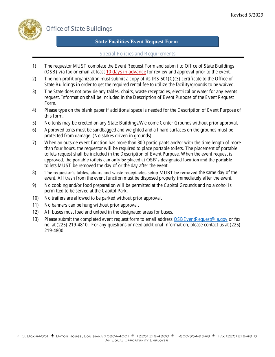 State Facilities Event Request Form - Louisiana, Page 1