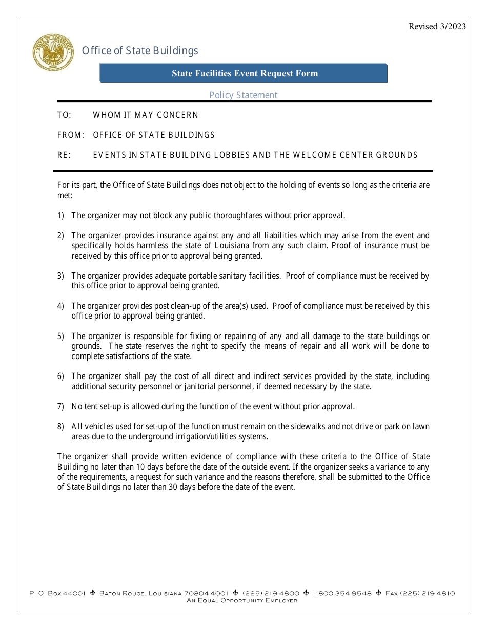 State Facilities Event Request Form - Louisiana, Page 2