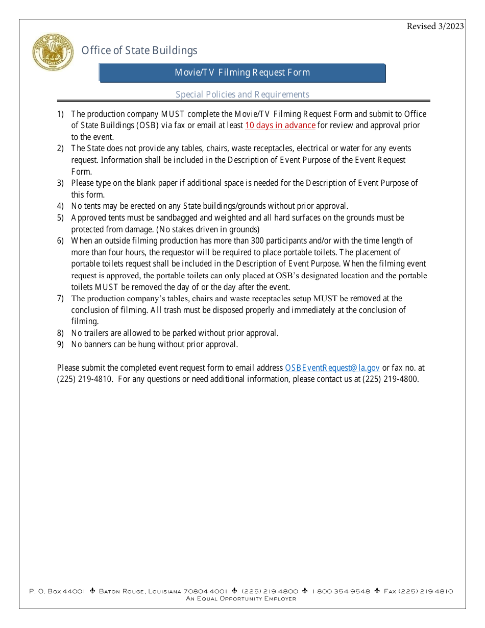 Louisiana Movie/Tv Filming Event Request Form - Fill Out, Sign Online ...