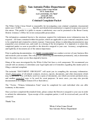 SAPD Form 111-WC1A Criminal Complaint Packet - City of San Antonio, Texas
