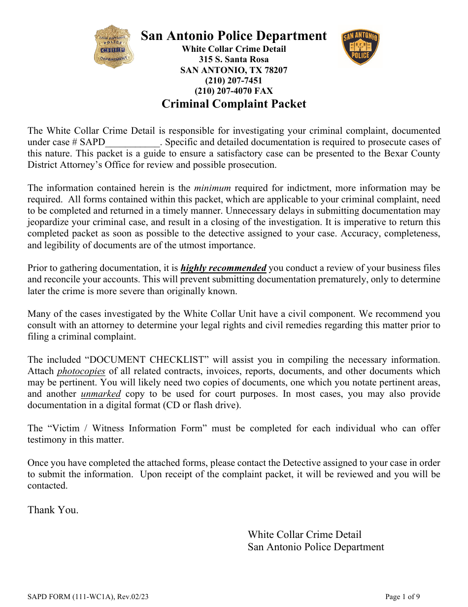 SAPD Form 111-WC1A Criminal Complaint Packet - City of San Antonio, Texas, Page 1