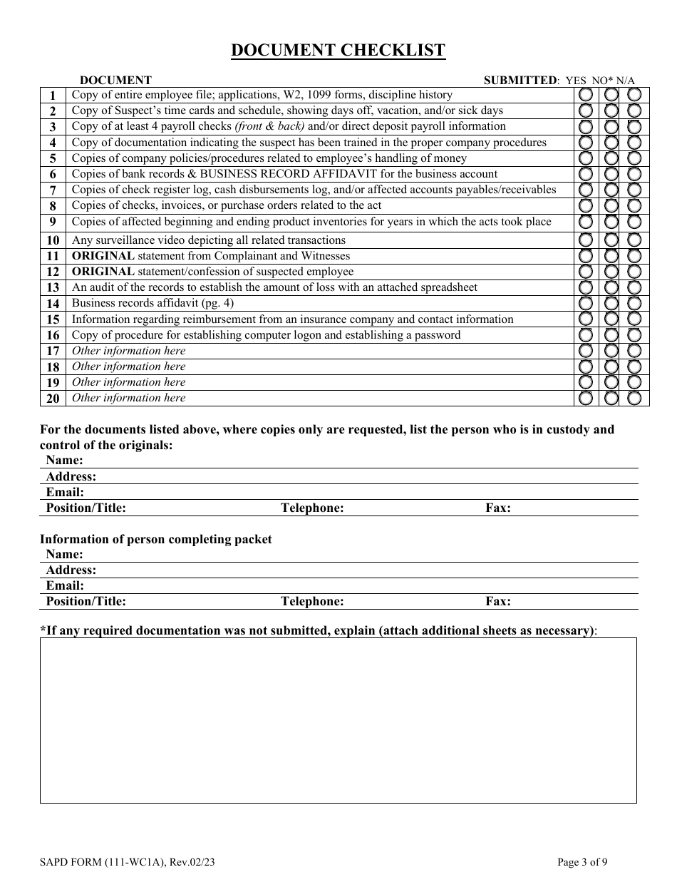SAPD Form 111-WC1A Criminal Complaint Packet - City of San Antonio, Texas, Page 3