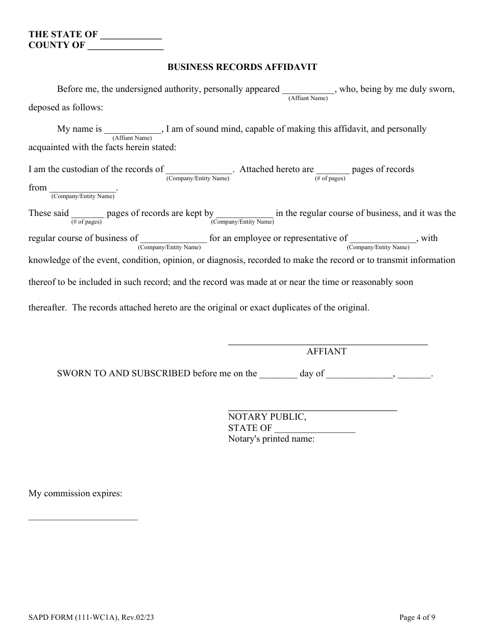 SAPD Form 111-WC1A Criminal Complaint Packet - City of San Antonio, Texas, Page 4