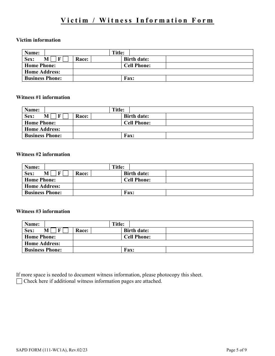SAPD Form 111-WC1A Criminal Complaint Packet - City of San Antonio, Texas, Page 5