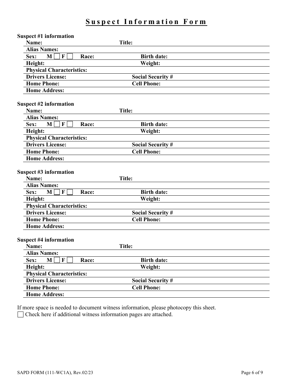 SAPD Form 111-WC1A Criminal Complaint Packet - City of San Antonio, Texas, Page 6