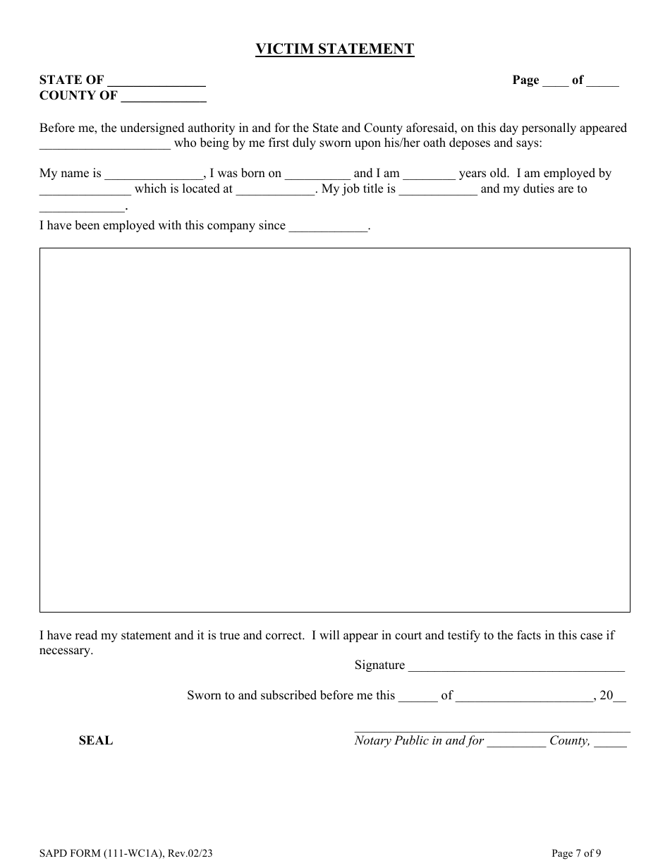 SAPD Form 111-WC1A Criminal Complaint Packet - City of San Antonio, Texas, Page 7
