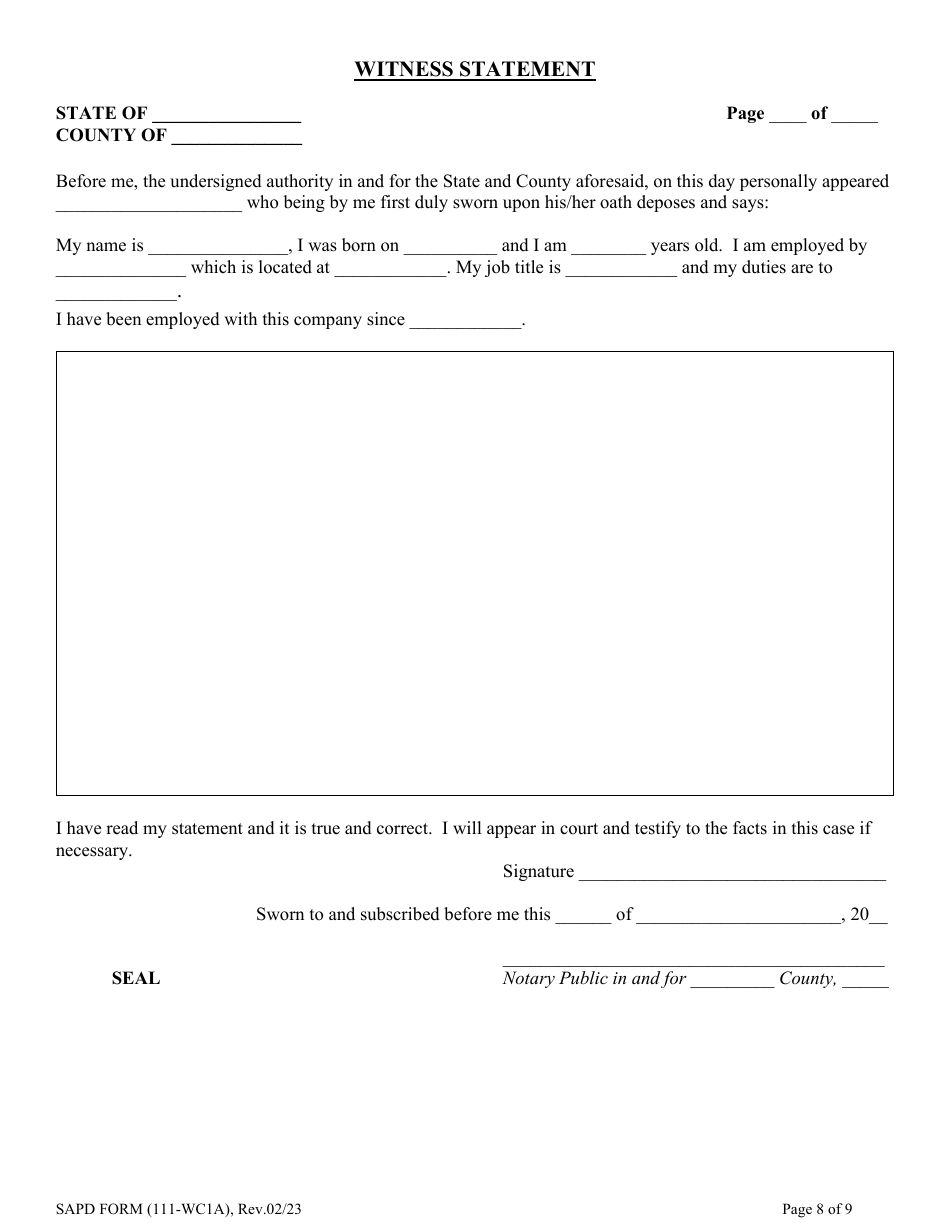SAPD Form 111-WC1A Criminal Complaint Packet - City of San Antonio, Texas, Page 8