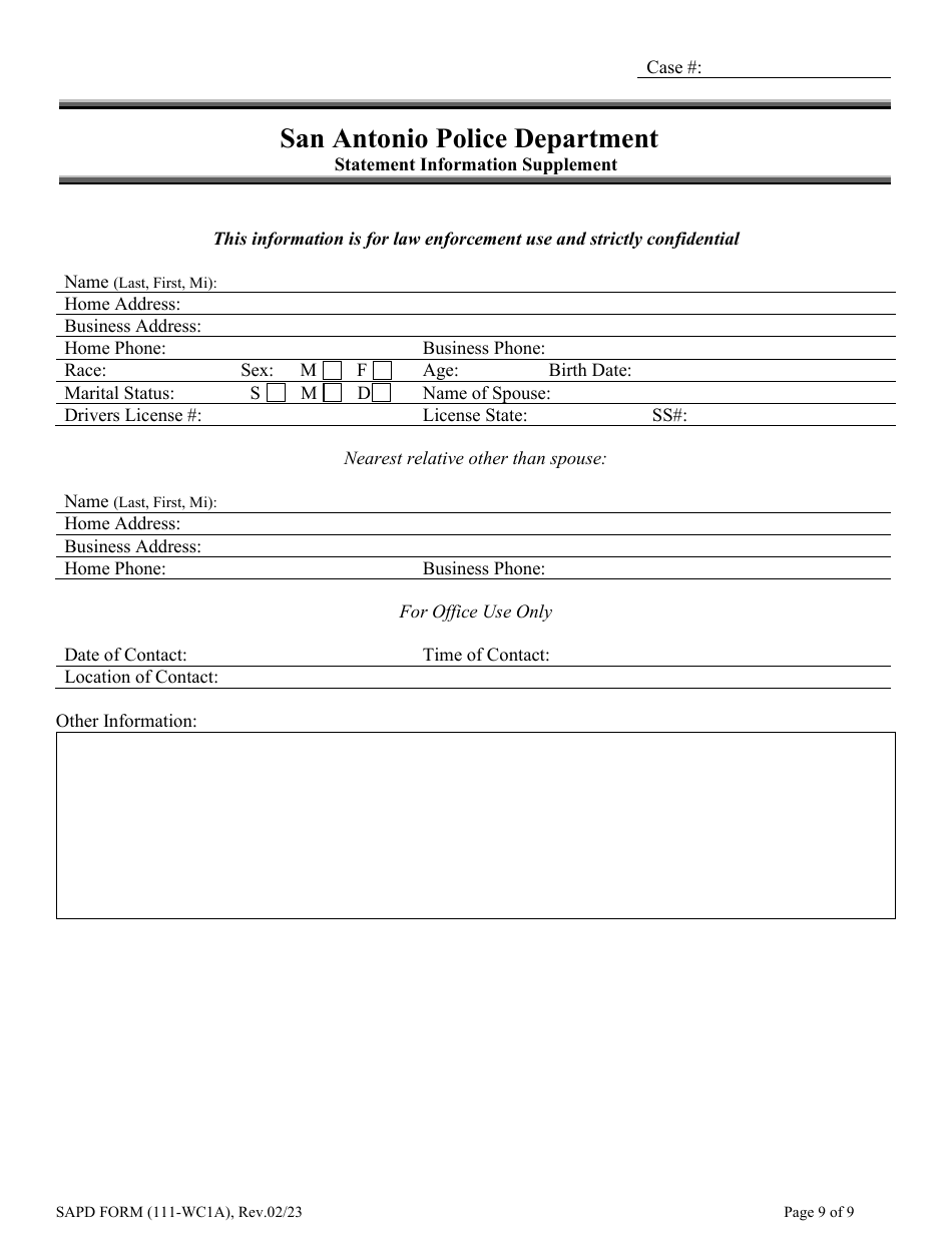 SAPD Form 111-WC1A Criminal Complaint Packet - City of San Antonio, Texas, Page 9