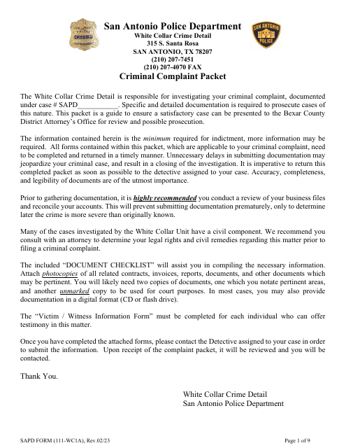 SAPD Form 111-WC1A Criminal Complaint Packet - City of San Antonio, Texas