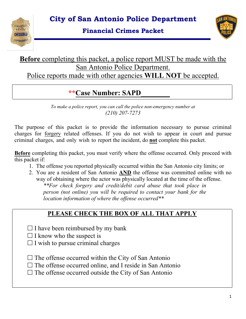 Financial Crimes Packet - City of San Antonio, Texas, Page 1