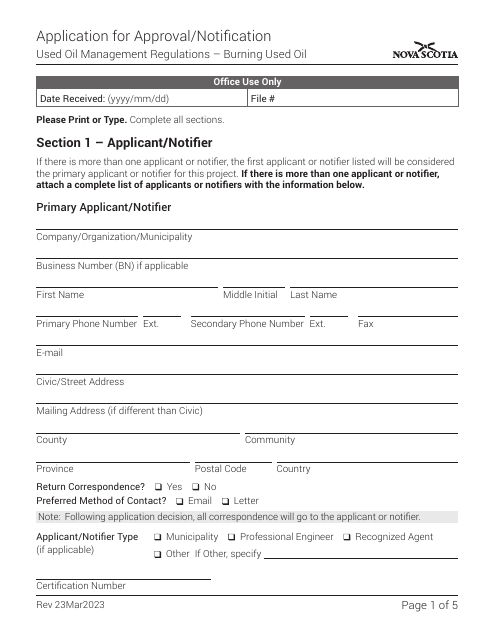 Application for Approval / Notification - Nova Scotia, Canada Download Pdf