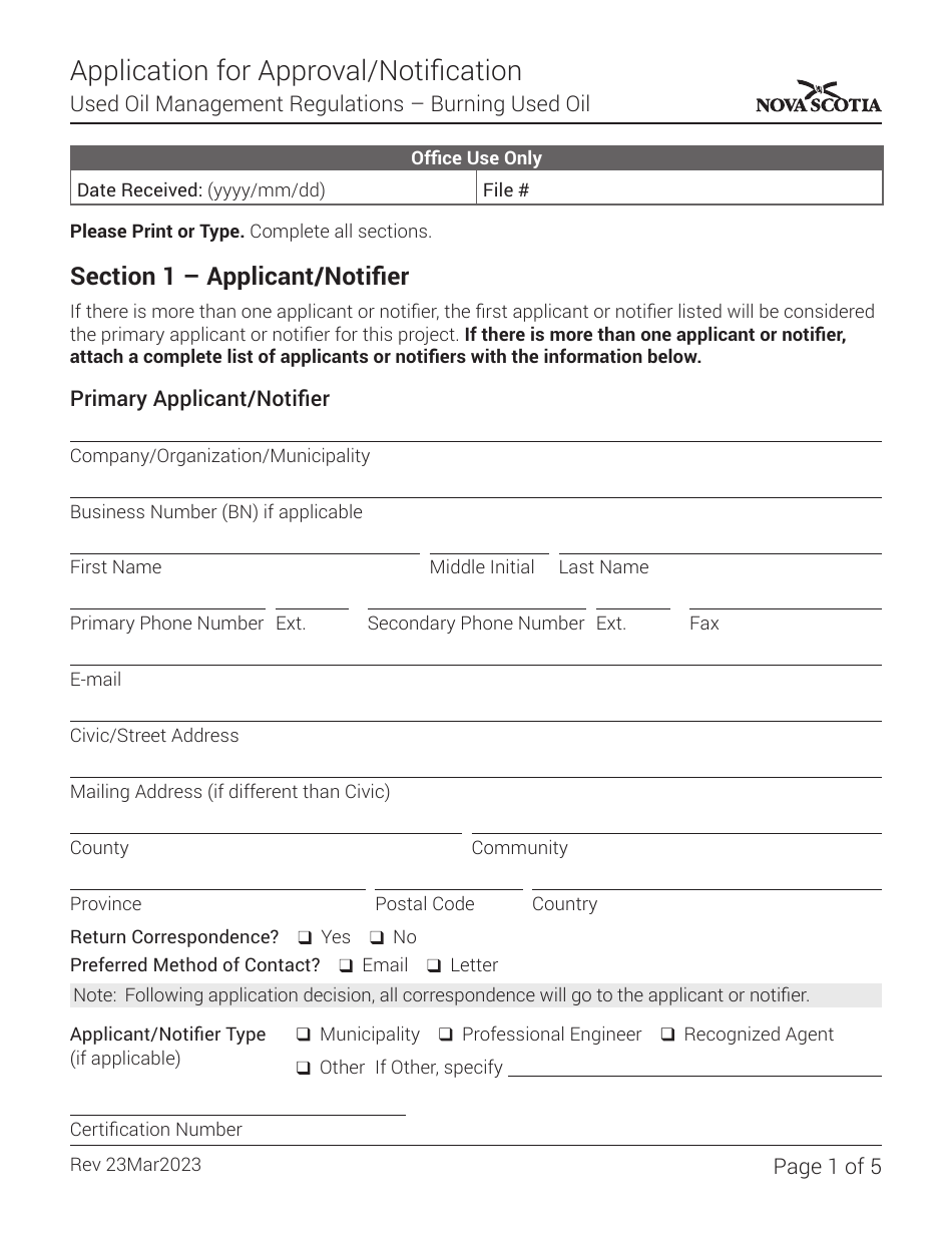 Nova Scotia Canada Application for Approval/Notification - Fill Out ...