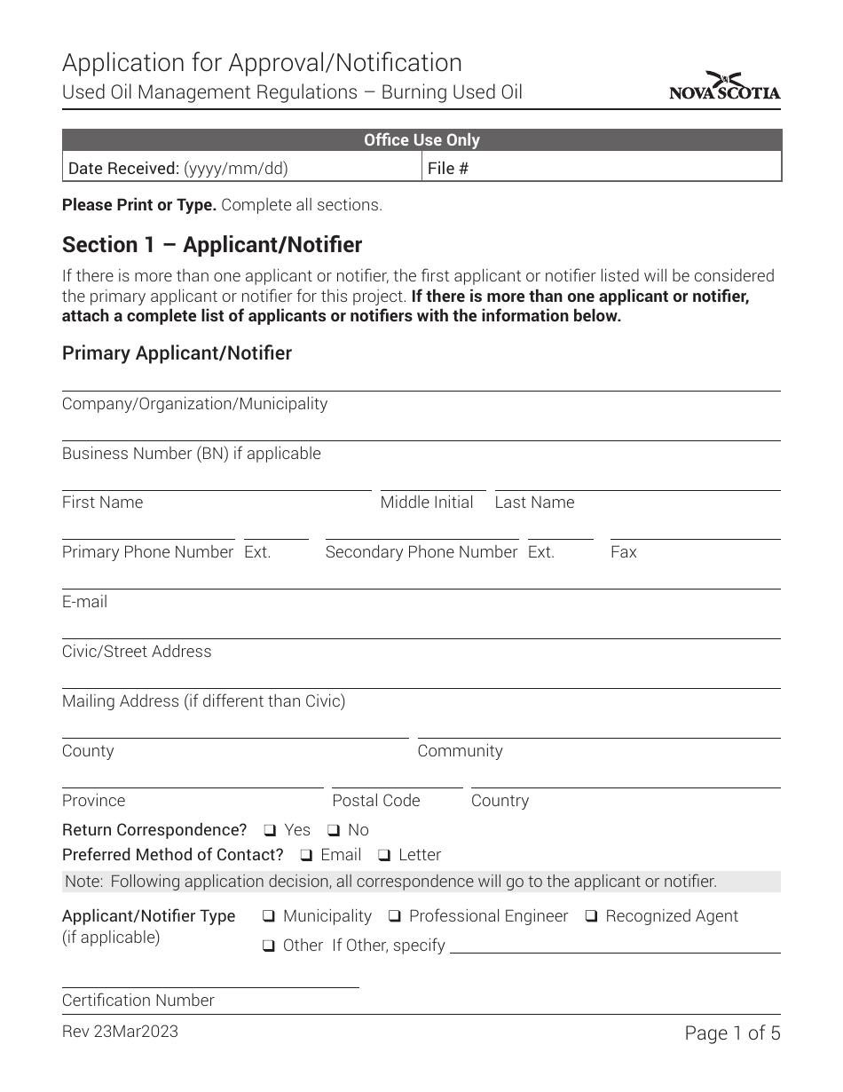 Application for Approval / Notification - Nova Scotia, Canada, Page 1